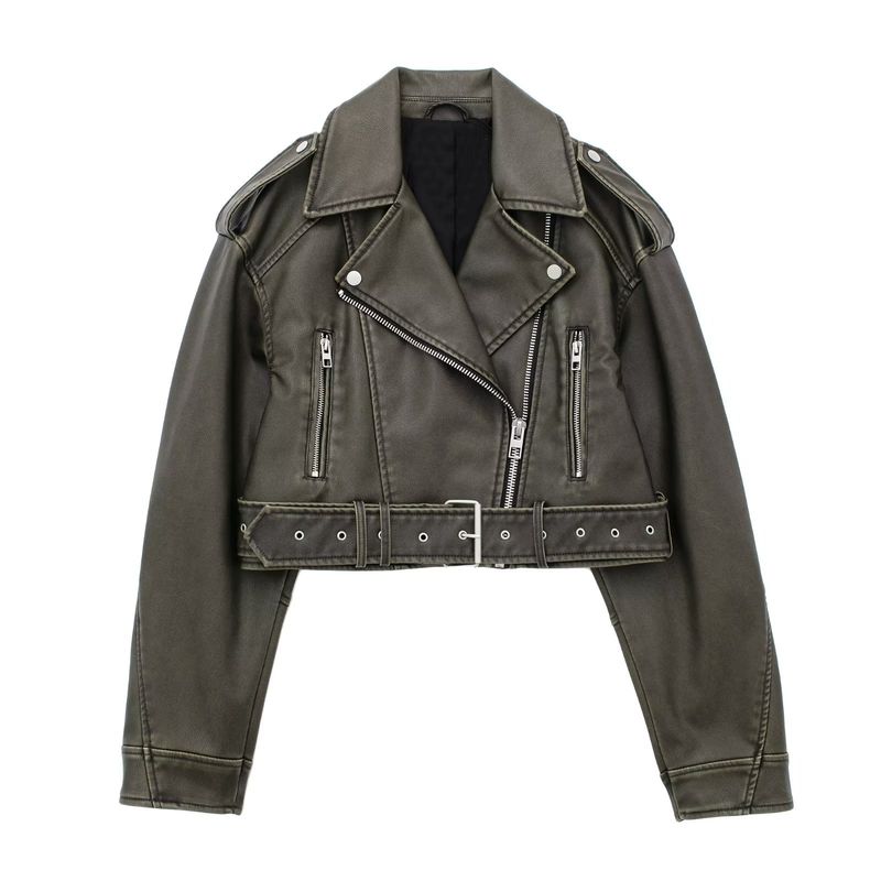 Dameskleding 2024 herfst en winter nieuw item diagonale rits riem revers leren PU jas_voghion.com