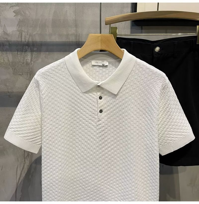 Herrenbekleidung Sommer New Ins Revers Kurzarm Poloshirt Herren Leichtes Luxus All Match Einfarbiges Kariertes Textur T-Shirt_voghion.com