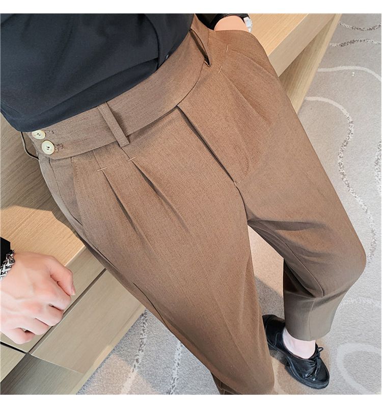 Pantaloni napoletani da uomo nuovi di zecca, in twill strutturato, con vita a pieghe, design casual a nove punte, vita media e alta_voghion.com