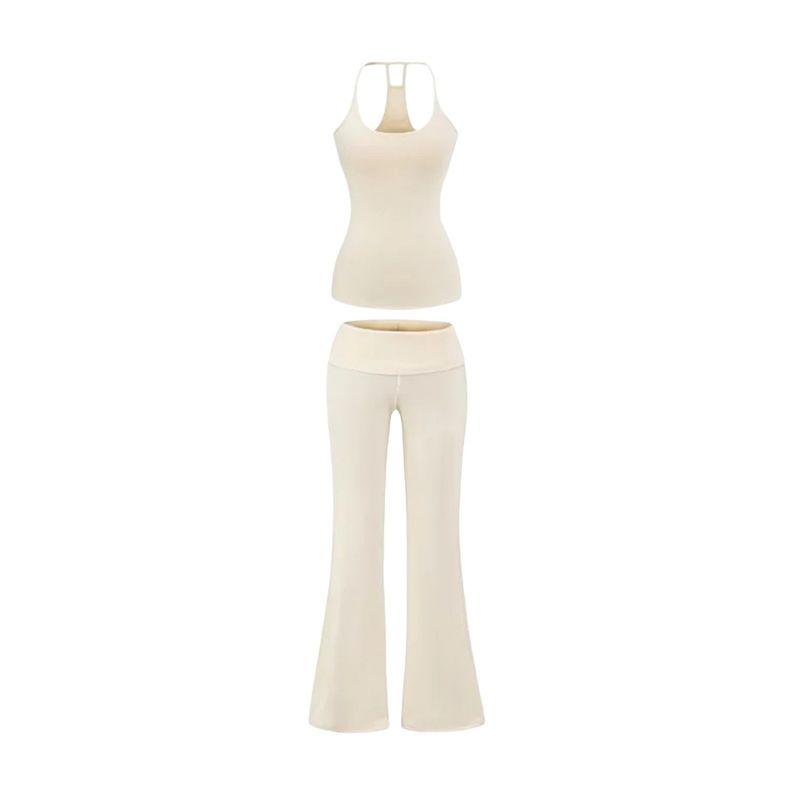 Completo composto da canotta imbottita elasticizzata sexy aderente e pantaloni svasati a vita bassa_voghion.com