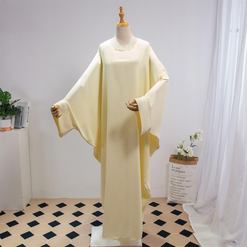 Dammekleeder Einfarweg Arabesch Kleed Fraekleed mat Kappduch Abaya Casual Loose Fliedermausärmel Robe_voghion.com