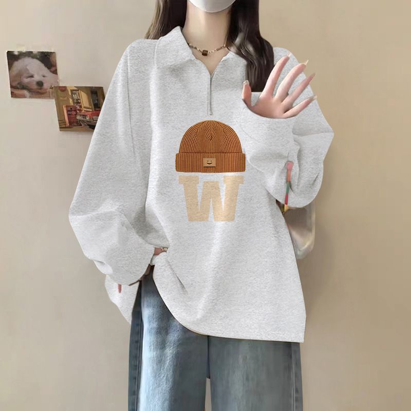 Felpa con cappuccio e cerniera mezza stampata con lettere autunno/inverno 2024 per ragazze con velluto spesso e colletto polo alla moda_voghion.com