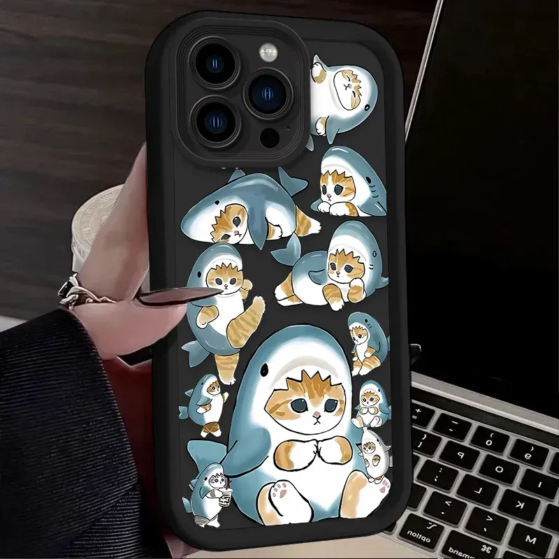 Lustige Mofusand Shark Cat Matte Hülle für iPhone 16 15 14 13 12 11 Pro Max X XS X S Max XR SE 2020 7 8 Plus iPhone 16 Rückseite_voghion.com