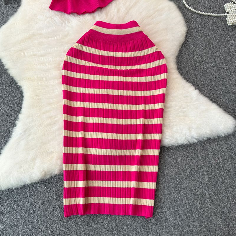 Women's Clothing Contrast Color Striped Ice Silk Knitted Suit 2024 Summer V-neck Sling Hip Skirt Two-piece Suit_voghion.com
