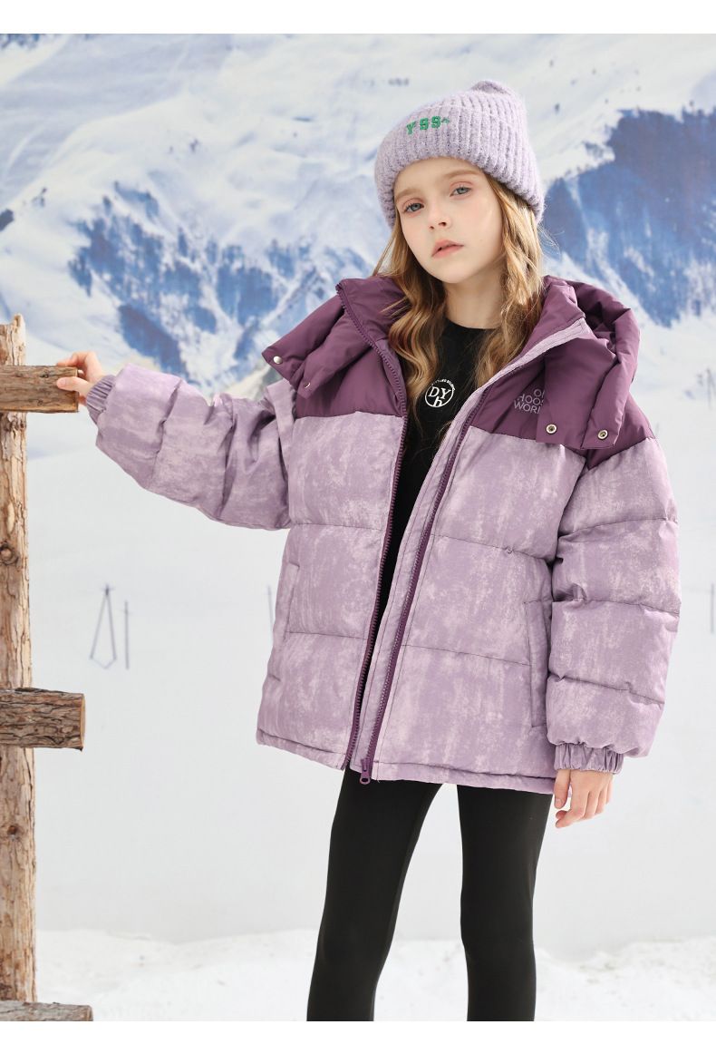 Neue Daunen-Baumwolljacke für Jungen und Mädchen im Freien, dicke, farblich blockierte Batikfärbung, mittlere und große Brotjacken für Kinder mit Kapuze,_voghion.com