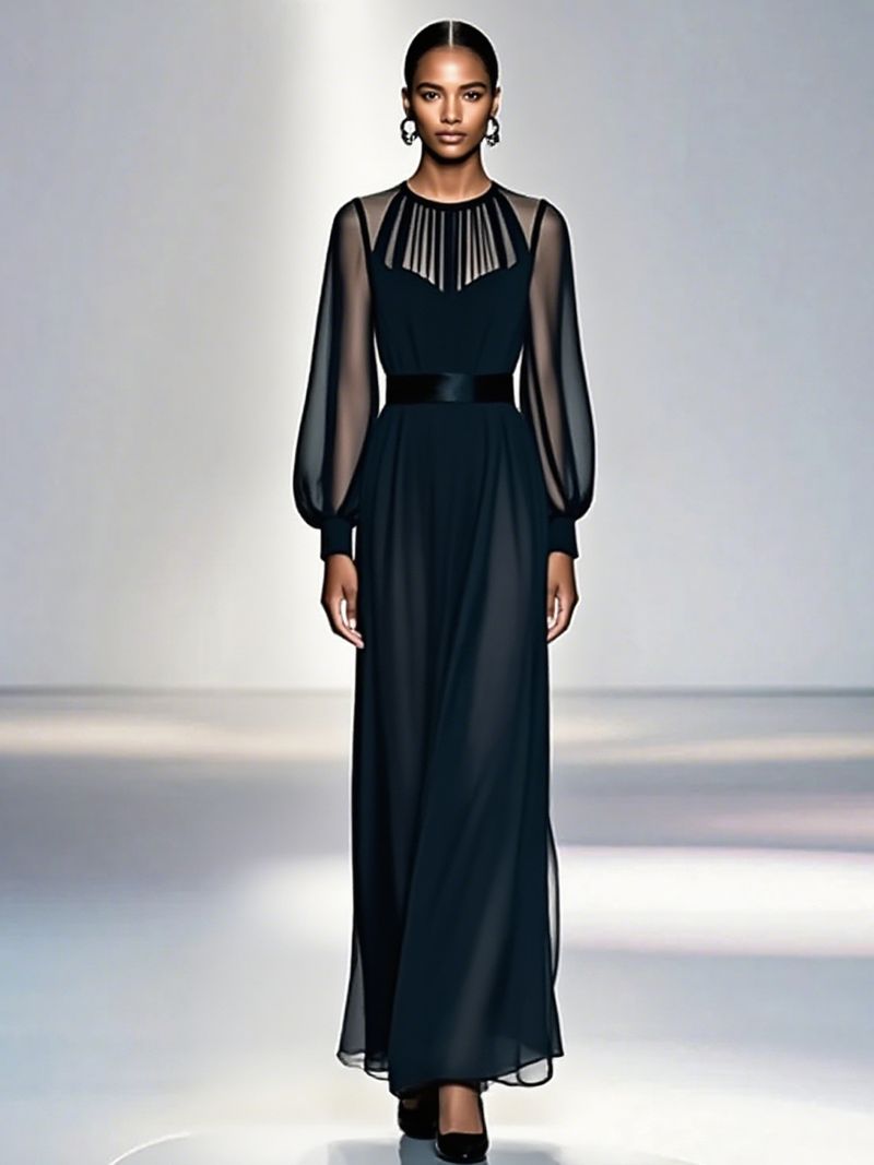 Completo due pezzi in rete nera – Elegante abito lungo a vita alta con maniche lunghe e rivestimento trasparente (nero senza tempo, versatilità dall'ufficio al cocktail)_voghion.com