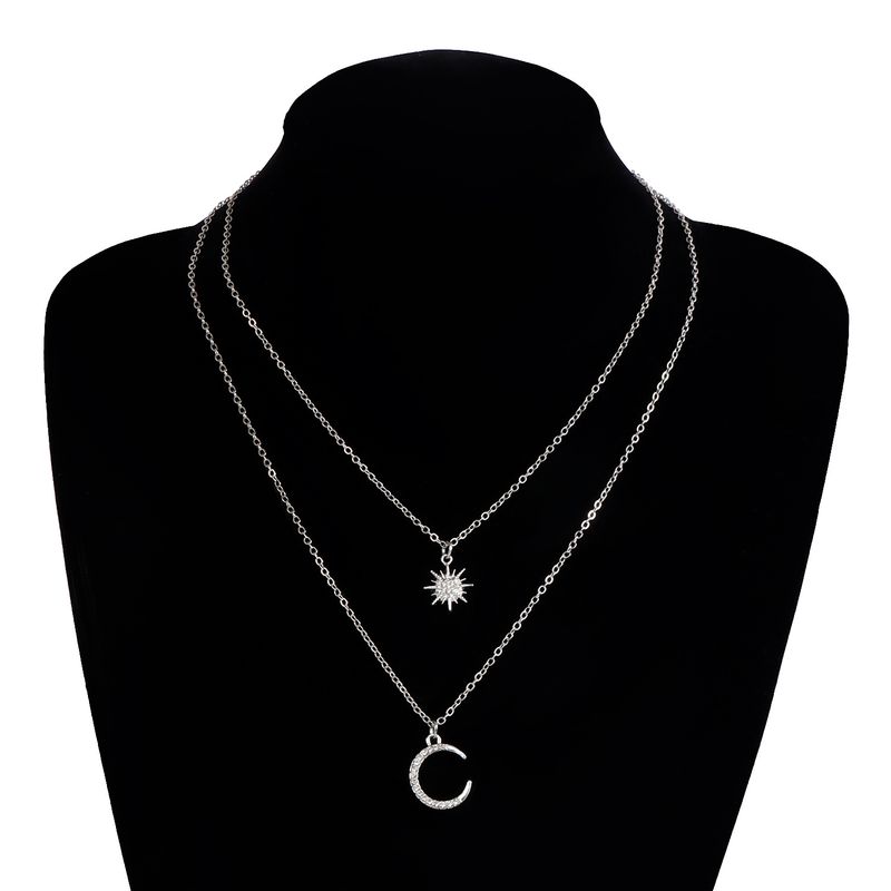 Double Stacked Diamond Sun Moon Necklace Ins Wind Octagram Collarbone Chain Necklace_voghion.com