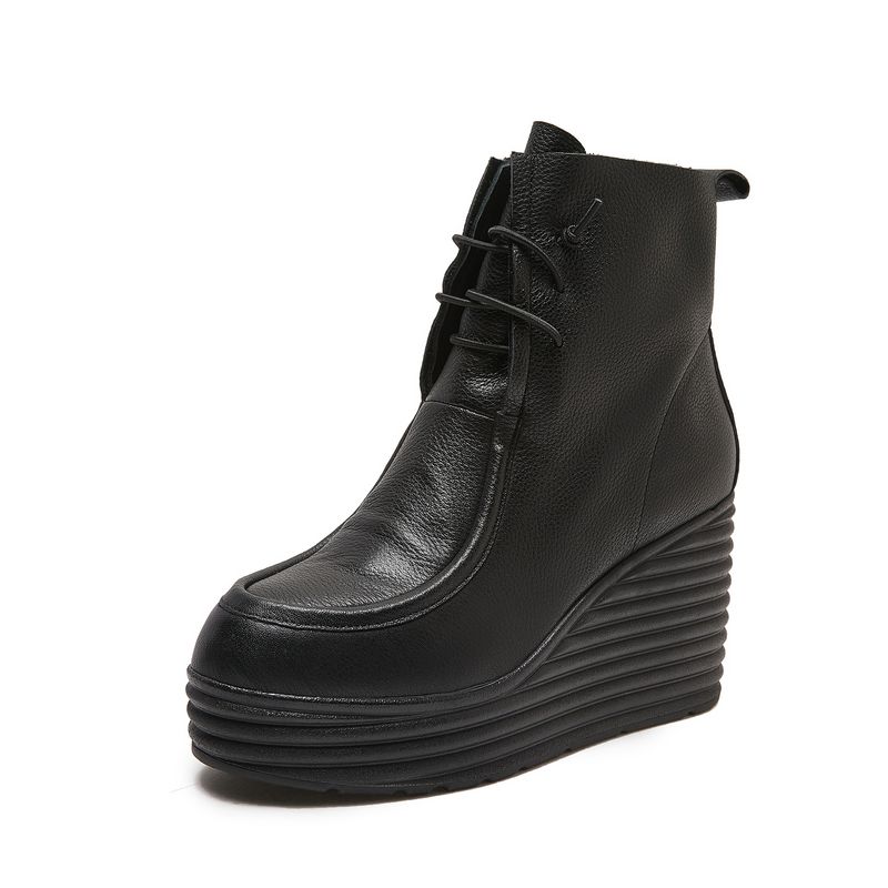 Trendy Brand Dark Soft Cowhide Women's Slip-On Short Thick-Soled Martin Genuine Leather Fashion Fleece-Lined Work Boots_voghion.com