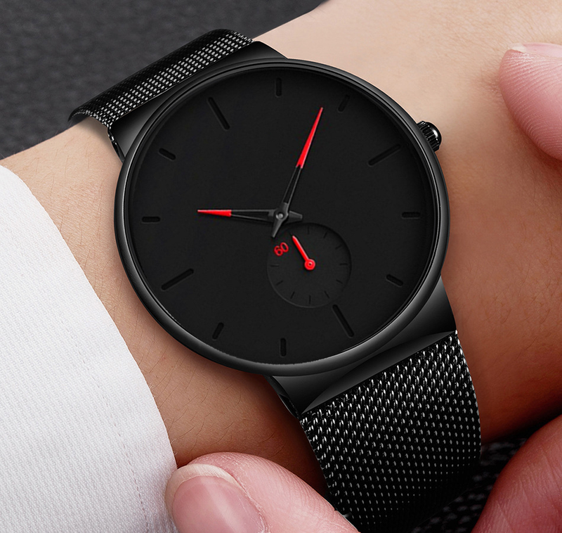 Orologio da uomo minimalista di vendita caldo con cinturino a maglie in lega di maglia a due temperamenti alla moda blu rosso_voghion.com