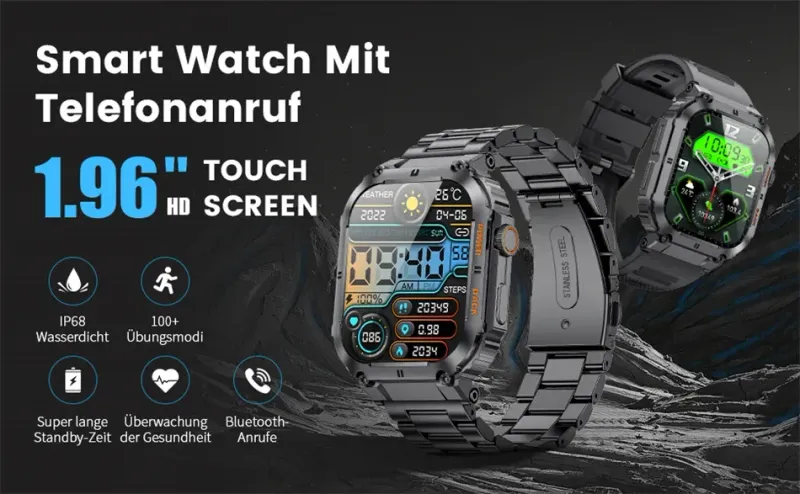 New Outdoor Smart Watch Men 1.96 Screen IP68 Waterproof Watches Bluetooth Call Smartwatch Multiple Sports For_voghion.com