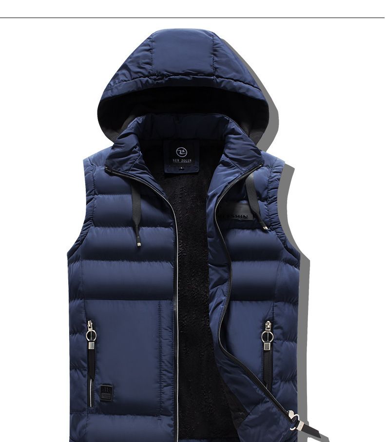 Veste sans manches matelassée d'hiver pour homme, à capuche amovible, fermeture éclair et col montant (noir, marine, olive, kaki, bordeaux)_voghion.com