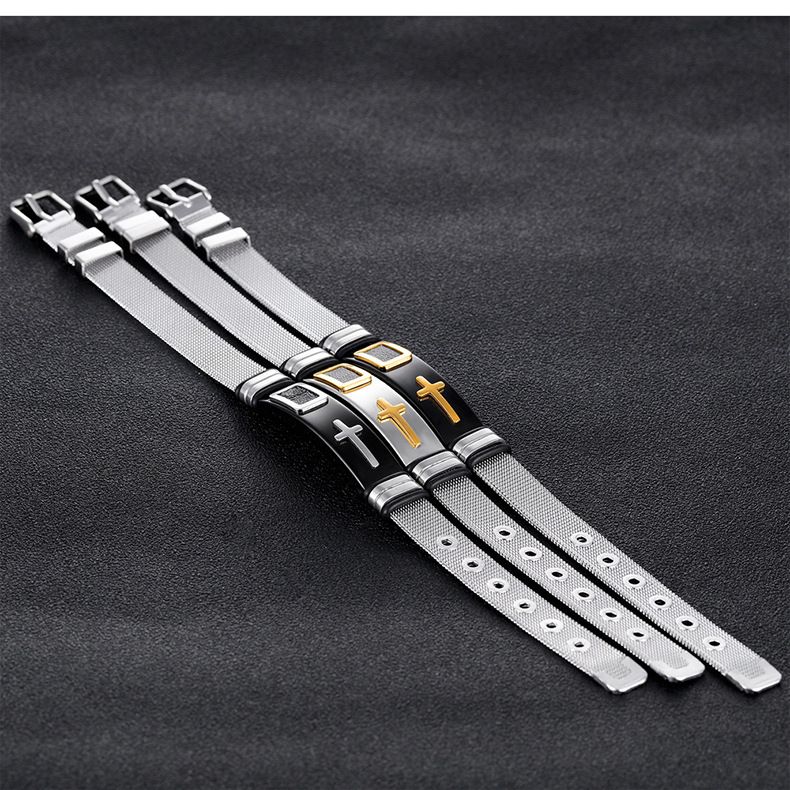 Herrenschmuck Titanstahl Mesh Armband Kreuz Herrenarmband_voghion.com