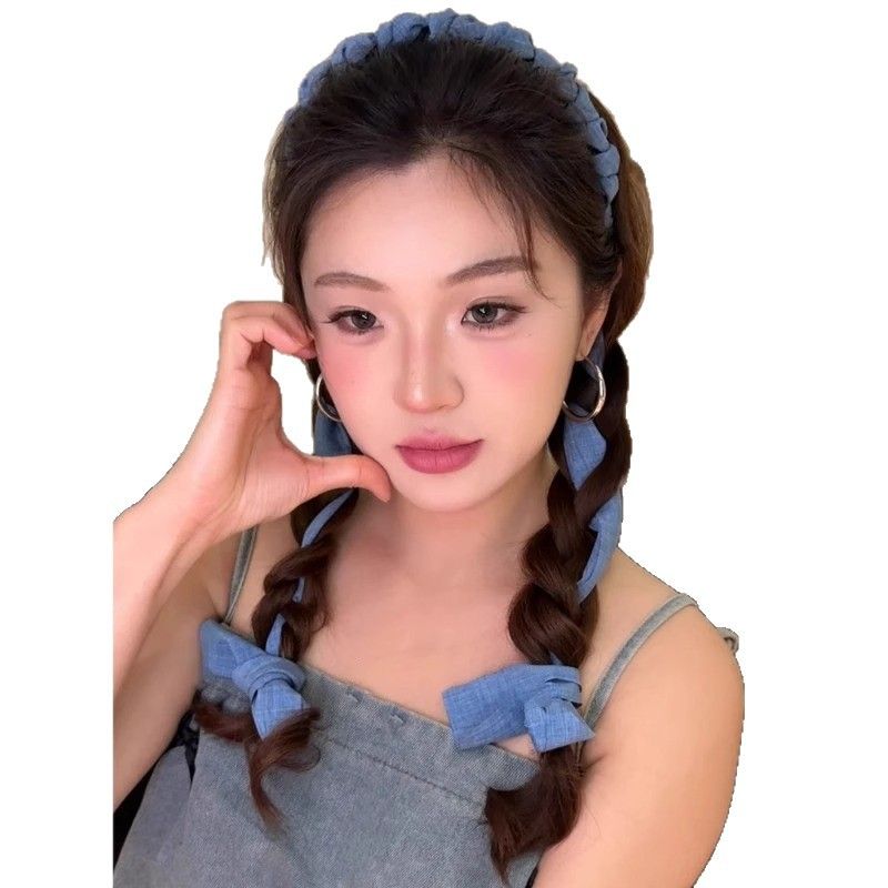 Cerchietto per capelli con corona alta intrecciata, estivo e fresco, nuovo, con nastro in denim, per donna_voghion.com
