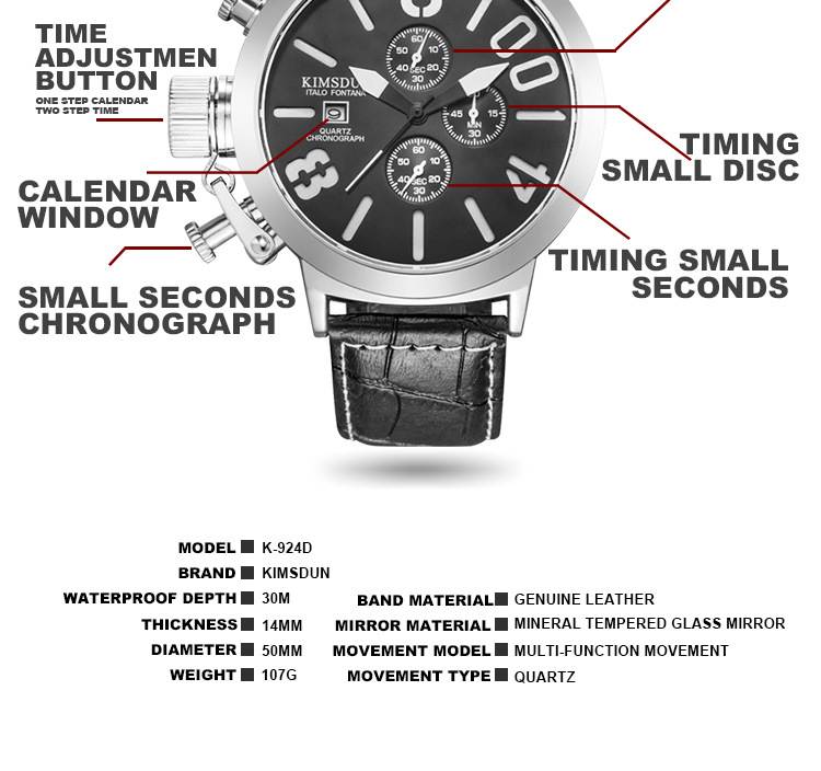 KIMSDUN Orologio da uomo con cinturino a quadrante grande Orologio impermeabile sportivo multifunzionale a tre occhi a sei pin_voghion.com