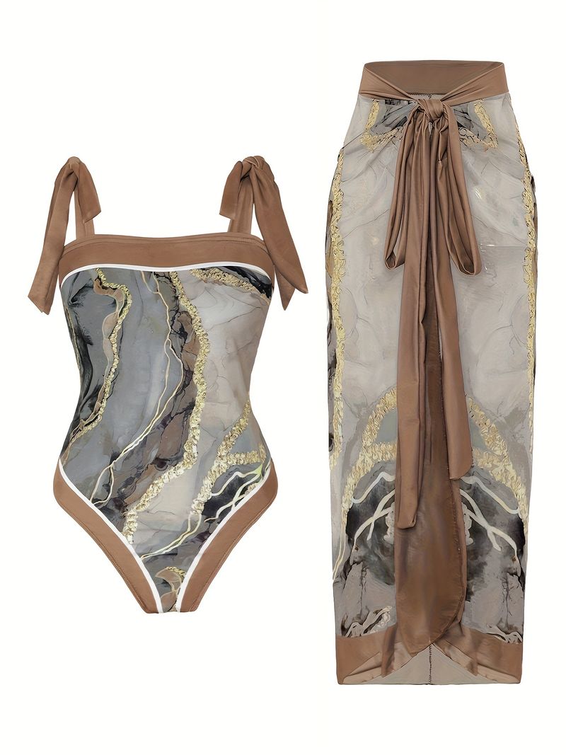 Plus Size Retro Tankini Set, Women's Plus Marble Print Tie Shoulder One Piece Swimsuit & Skirt Two Piece Bathing Suit_voghion.com