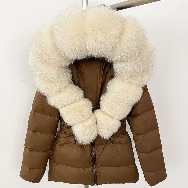Nuovo stile caldo del commercio estero, giacca corta da donna con collo in vera pelliccia di volpe, giacca in piumino con vita sottile e spessa_voghion.com