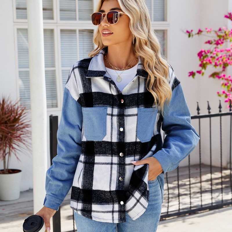 Übergroße Jeanshemdjacke für Damen – Schwarz-weiß kariertes, langärmliges Freizeitoberteil_voghion.com