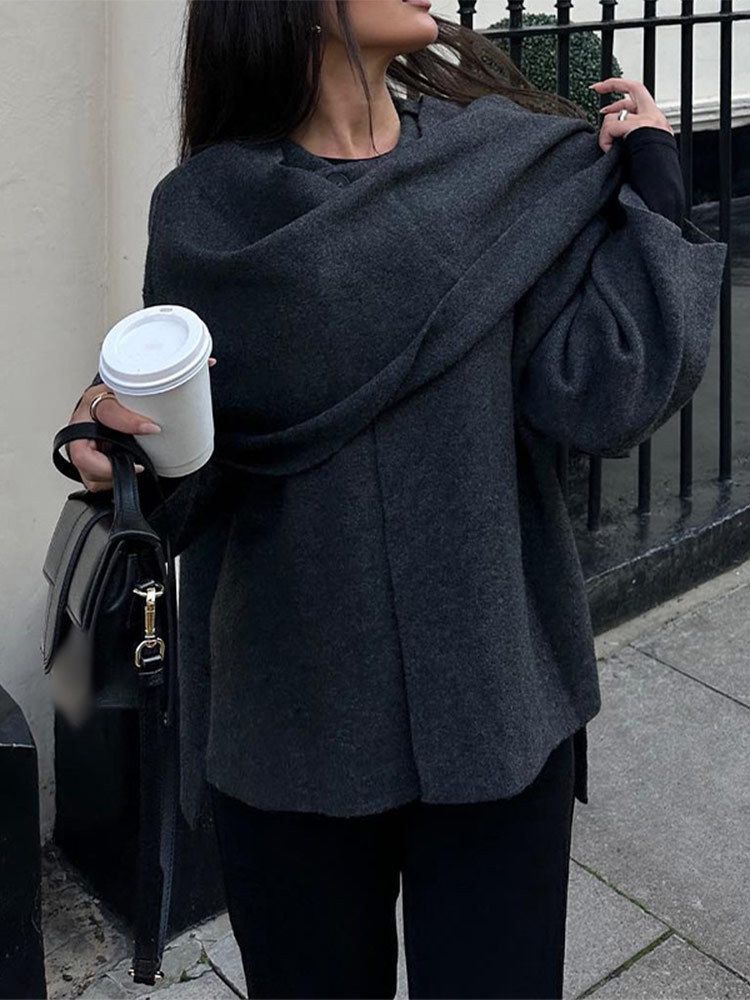 Oversized Knit Cape Cardigan – Long Sleeve Open Front Wrap Coat With Scarf Collar, Cozy Fall & Winter Layering Piece In Charcoal, Brown, Wine_voghion.com