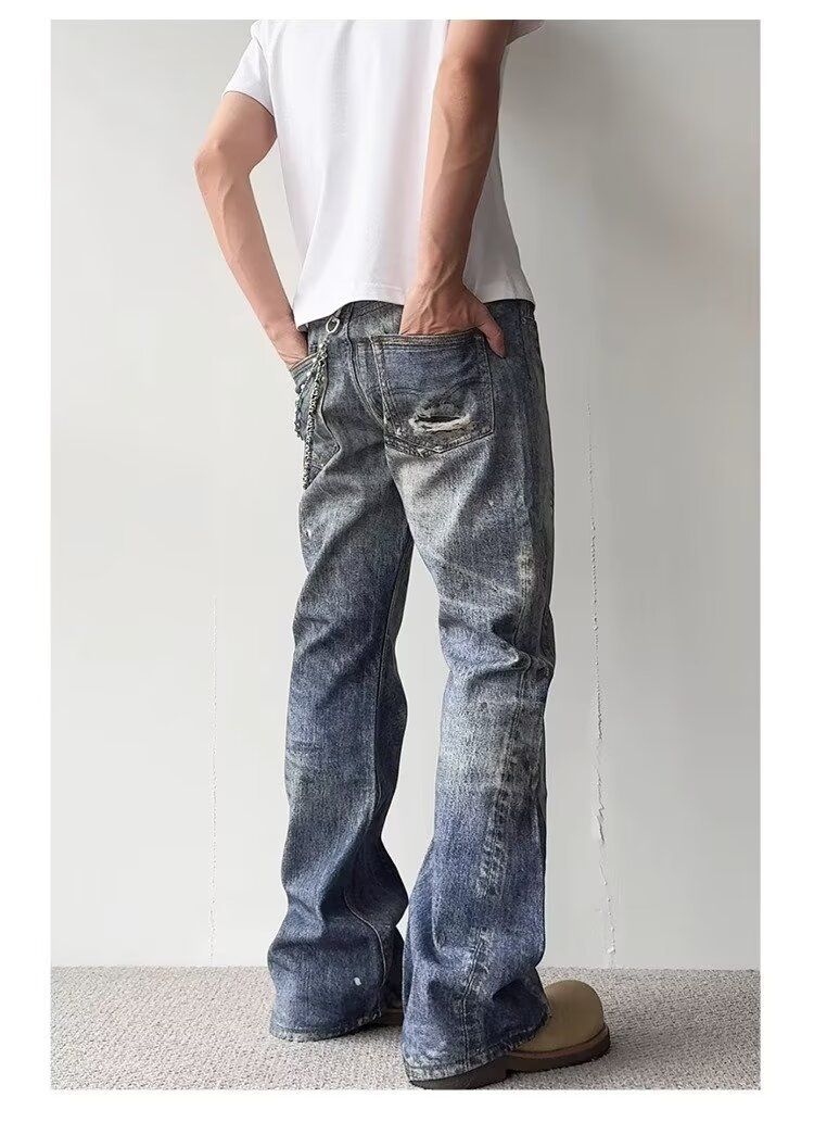 Jeans stampati in 3D – Pantaloni in denim bootcut a vita bassa con stampa digitale e lavaggio vintage_voghion.com