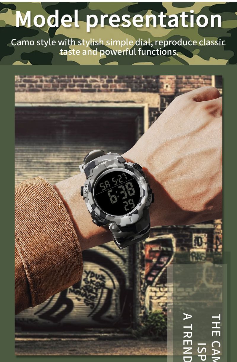 Sport Digital Watch With 50m Waterproof, LED Backlight, Alarm, Stopwatch, Military Camouflage Design For Outdoor Swimming And Daily Wear_voghion.com