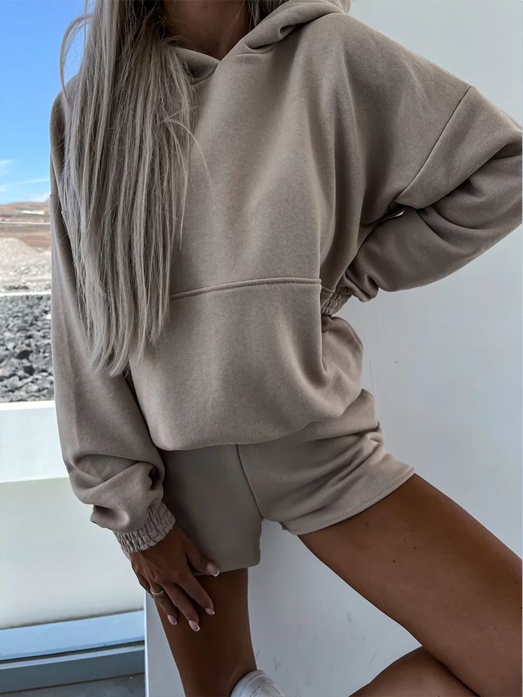 2025 Casual Fashion Set Women's Loose Hooded Sweatshirt Long Sleeved Top Sports Shorts_voghion.com