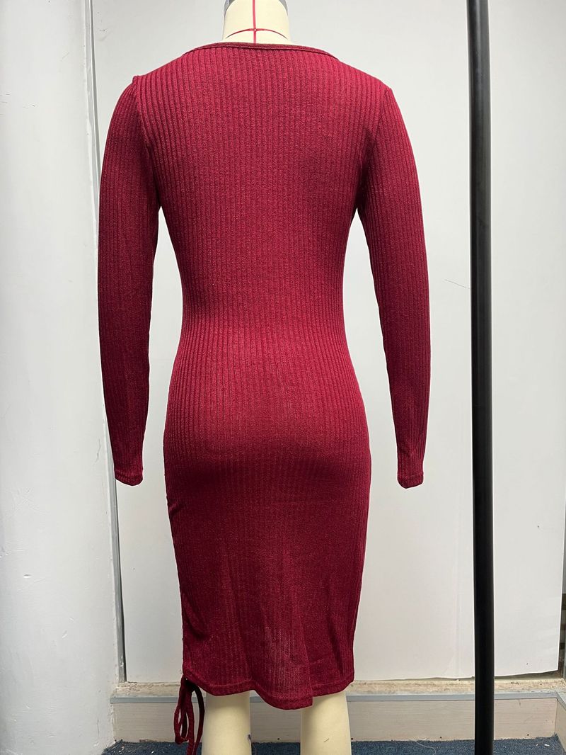 Vêtements pour femmes pull tricoté col en V à manches longues automne et hiver sexy coupe ajustée jupe filetée jupe plissée à cordon de serrage_voghion.com