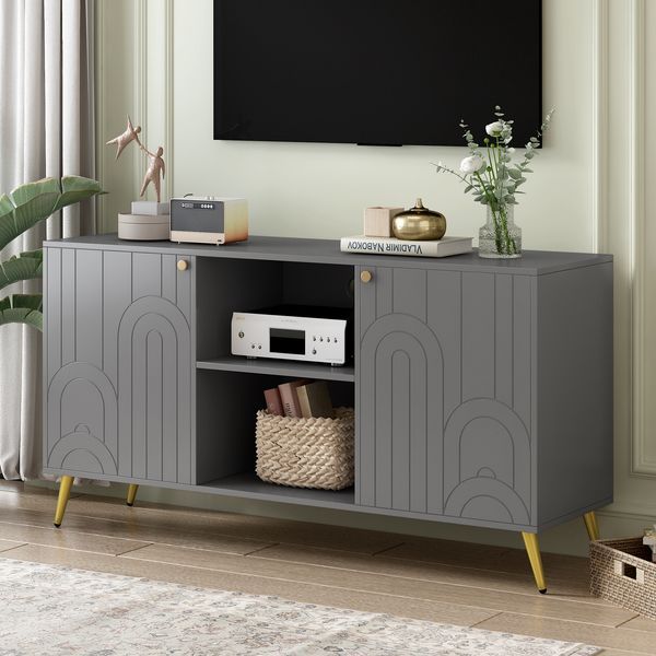 U-Can Modern TV Stand For TVs Up To 55 Inches, Entertainment Center Media Console,Adjustable Shelf, Metal Legs, Handles And Anti-tip Device For Livi_voghion.com