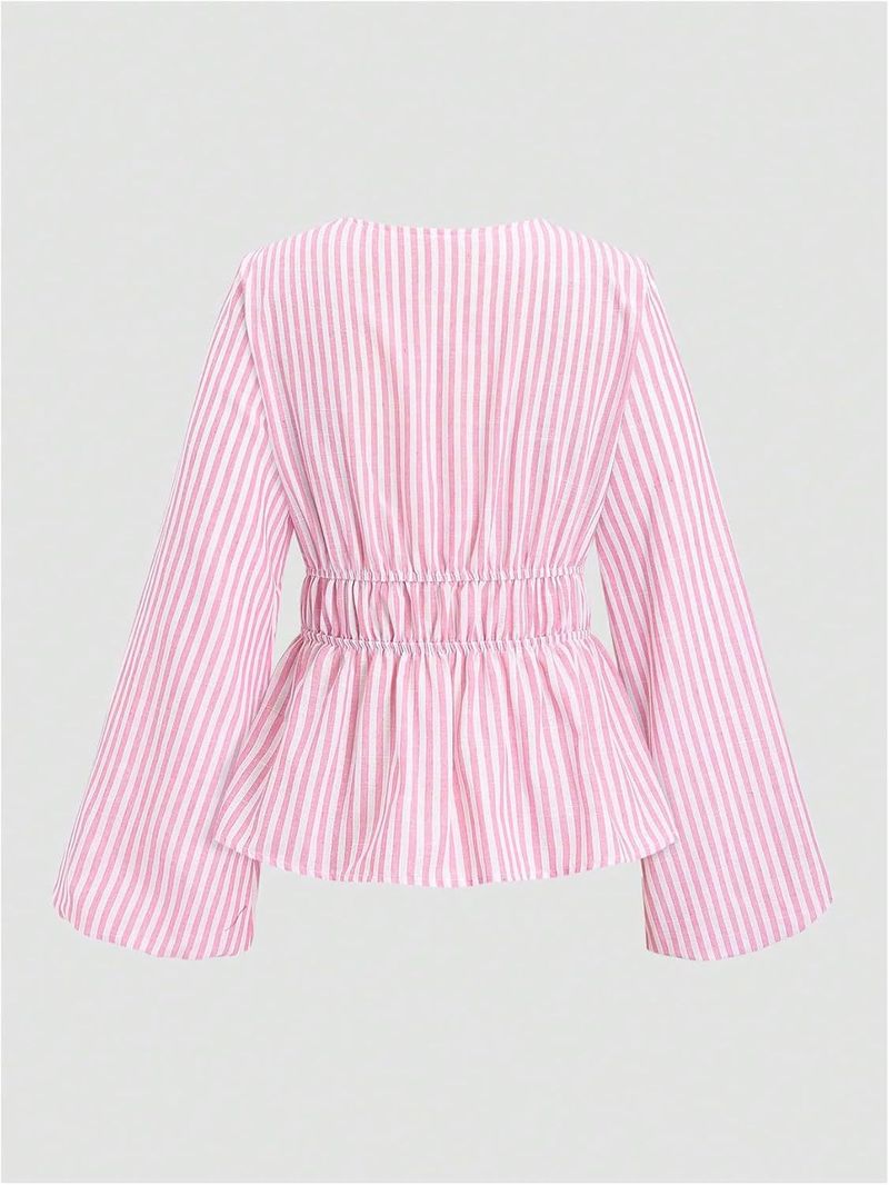 Women's Clothing Striped Front Tie Up Trumpet Sleeve Deep V Neck Elegant Ruffle Top_voghion.com