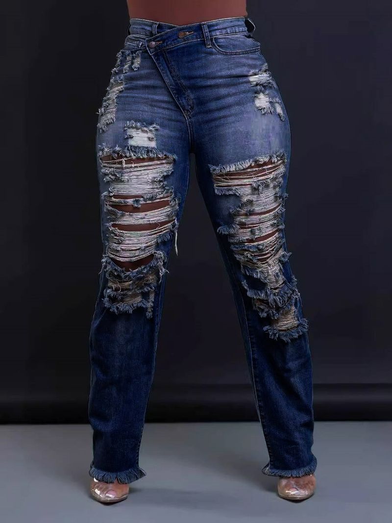Abbigliamento donna autunno e inverno dritto personalità elastico in vita taglio nappa jeans_voghion.com