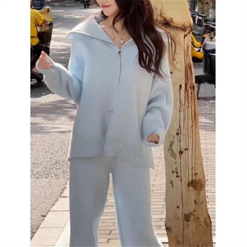 Set di pantaloni larghi a vita alta con cardigan occidentale lavorato a maglia coreano con cerniera autunno/inverno 2023_voghion.com