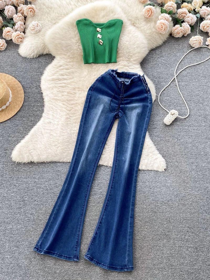 women'spopular Beautiful Suits Sexy Tube Top Versatile Denim Flared Pants Fashionable Two-piece Suits For Women_voghion.com