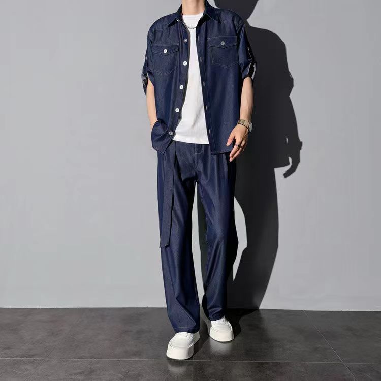 Men's Clothing Denim Shirt Suit Men's Five Point Sleeves Fashionable And Casual Loose Trendy Two Piece Suit_voghion.com