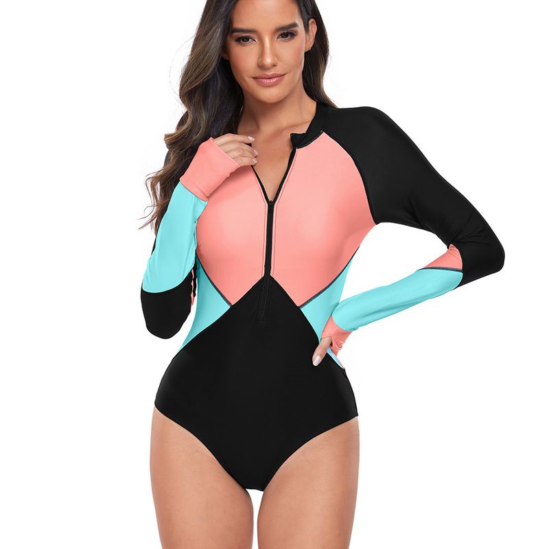 Women's Modest One-Piece Swimsuit Long Sleeve Rash Guard UPF 50+ Zip Front Swimwear With Built-in Bra – Color Block Surfing Beach Suit (S-XXL)_voghion.com