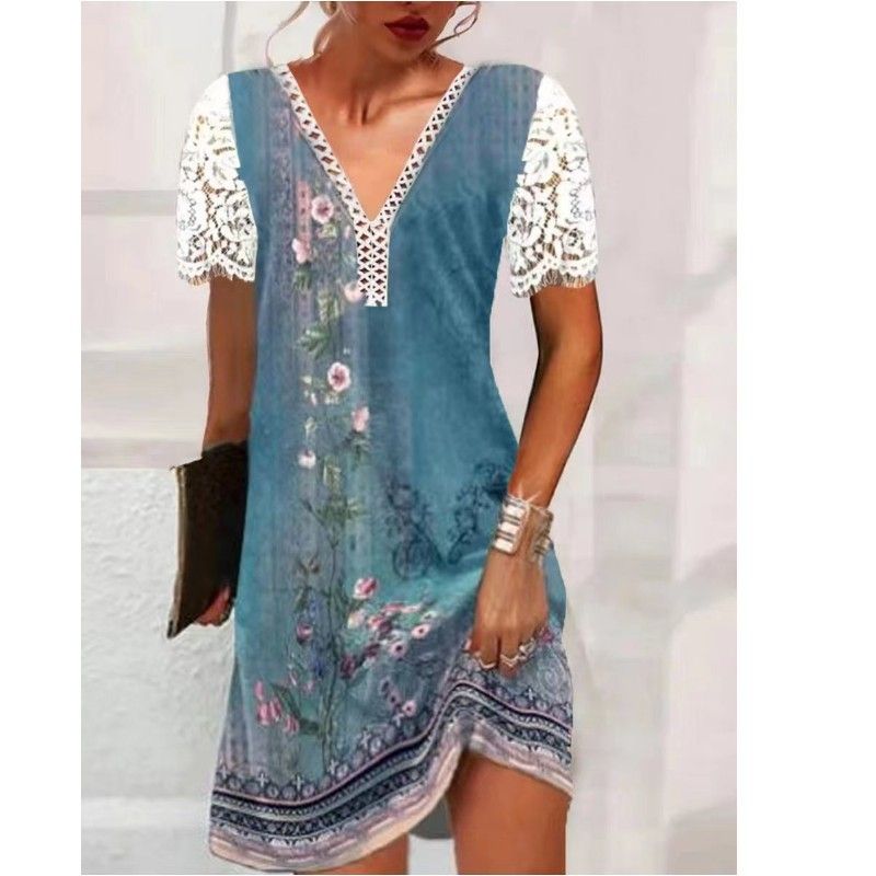Women's Clothing women's casual lace splicing collar short-sleeved dress_voghion.com