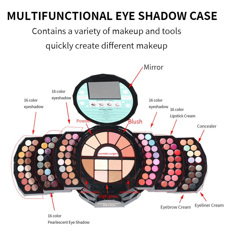 MISS ROSE 108 farger perlemorsøyenskygge konturleppestift sminkeboks matt blush fint glitter øyenskyggepalettsett_voghion.com