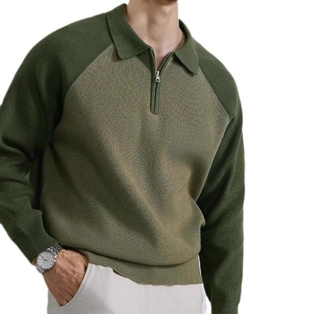 "Herren-Polopullover mit Kontrastkragen und Halbreißverschluss – Übergroßer Strickpullover mit Raglanärmeln, maschinenwaschbar (5 Größen, Grün/Schwarz/Weiß)"_voghion.com