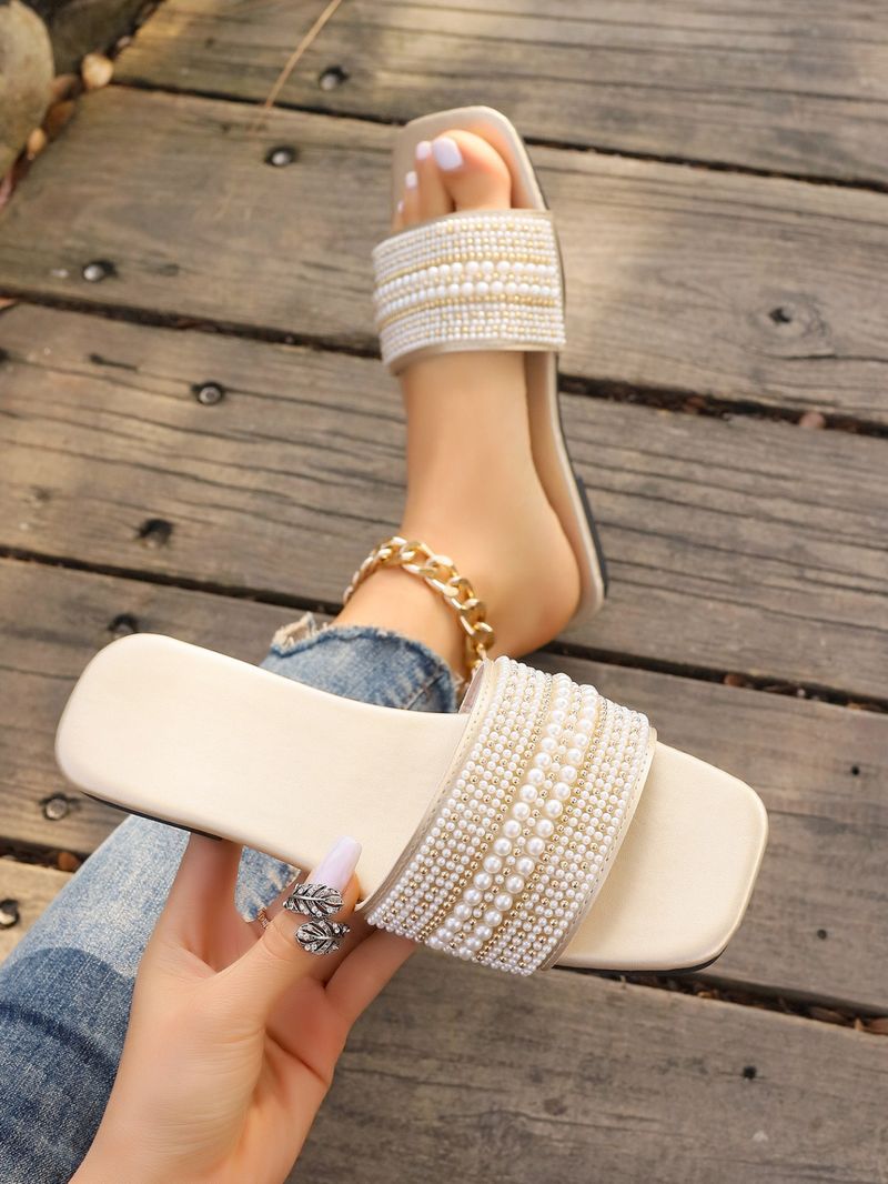 2024 Neue Perle flache Unterseite für Frauen leichte niedrige Ferse Outwear Strand Sandalen Hausschuhe_voghion.com