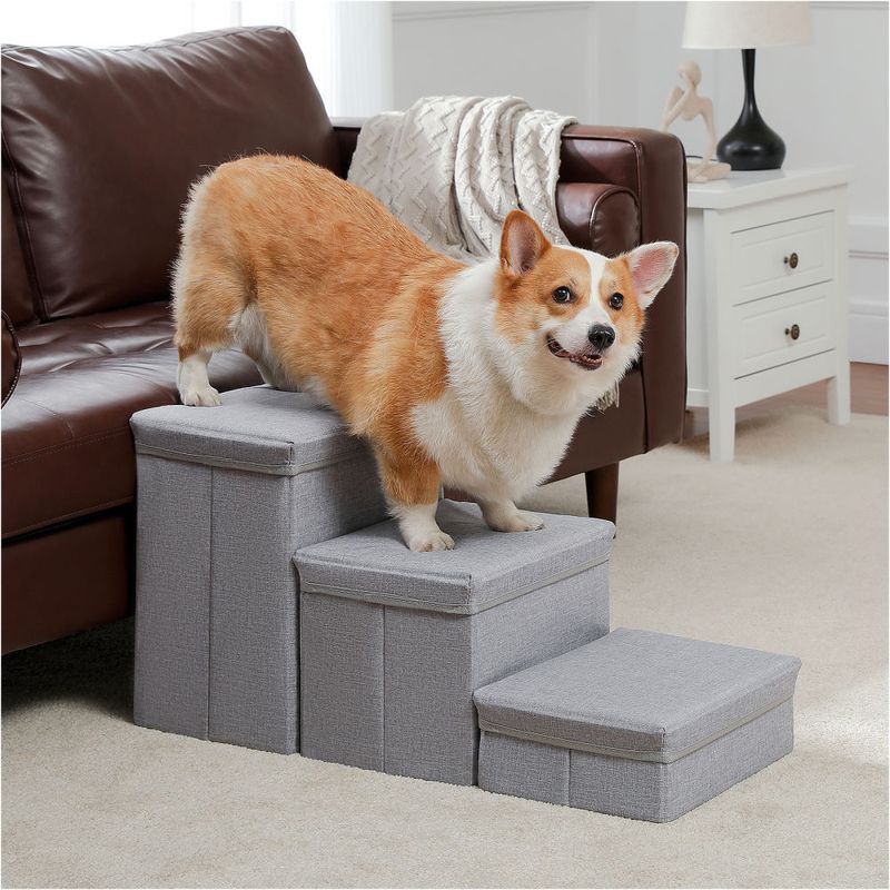 3-Tier Dog Stairs for Small Foldable Pet Stair with Storage Box and Condo Adjustable Height Steps for Couch/Bed Folding Non-Slip_voghion.com