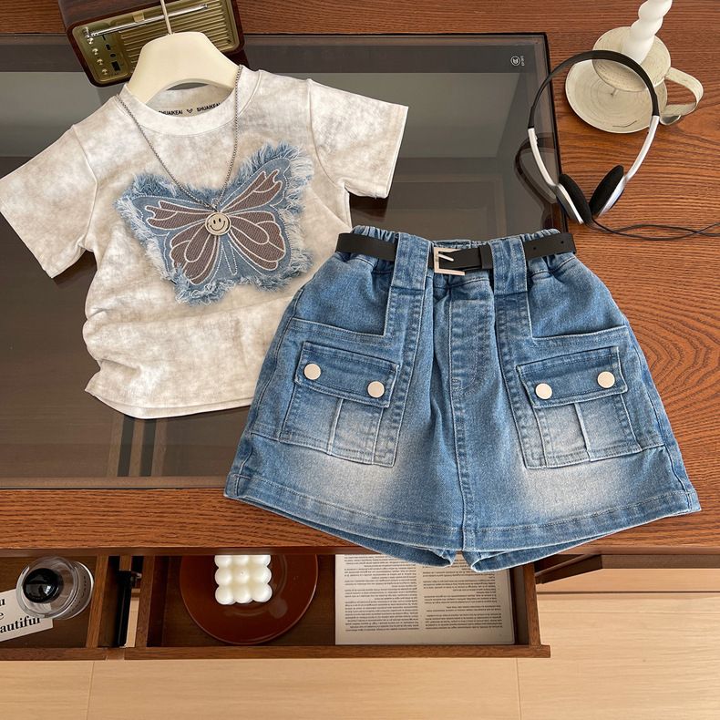 Dreidimensionaler Bogen Mädchen Kurzarm T-Shirt Anzug Neue Casual Sommer Kinder Denim Shorts Zweiteiler Anzug_voghion.com