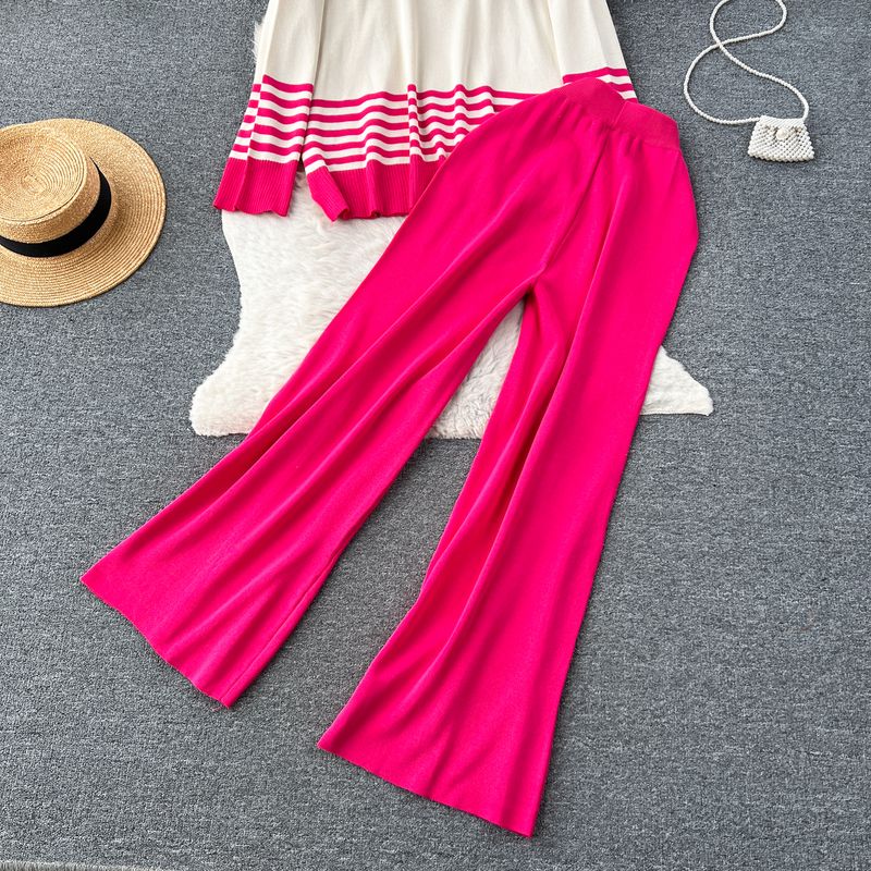 Damenbekleidung im Lazy Style, lockere, kontrastfarbene, gestreifte, langärmelige Strickoberteile für Damen, drapierte Hose mit hoher Taille, lässiger zweiteiliger Anzug für Damen_voghion.com