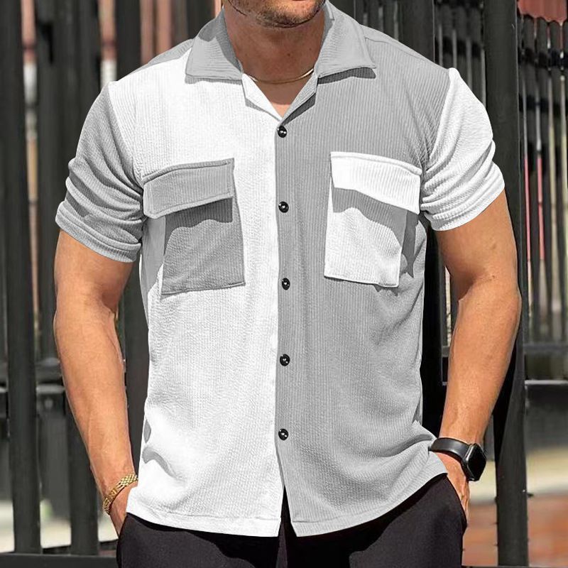 2024 Sommer Neue Herren Farbblock Ärmel Atmungsaktiv Freizeit Strand Hemd Kurze Taste Strickjacke_voghion.com