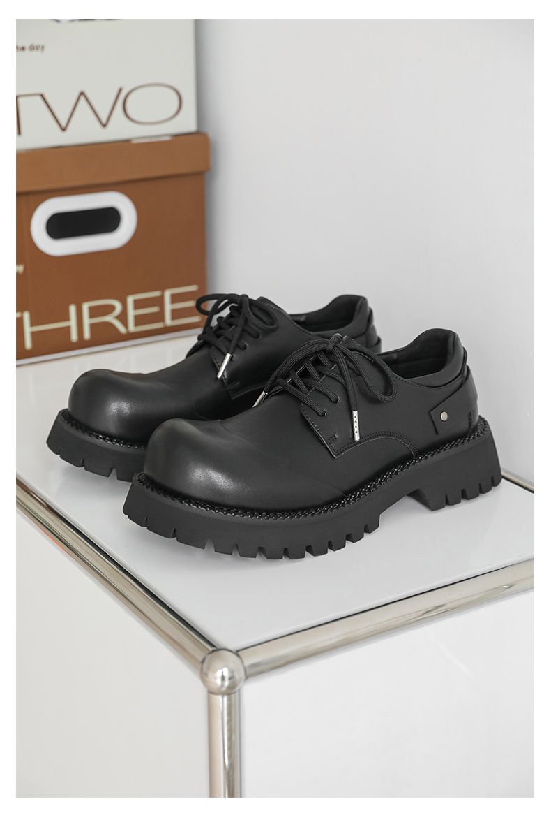 Derby-Schuhe für Herren mit dicker Sohle, schick, echt, lässig, großer Kopf, extra hoch, schwarze kleine Lederschuhe, Damen, britische runde Zehenpartie_voghion.com