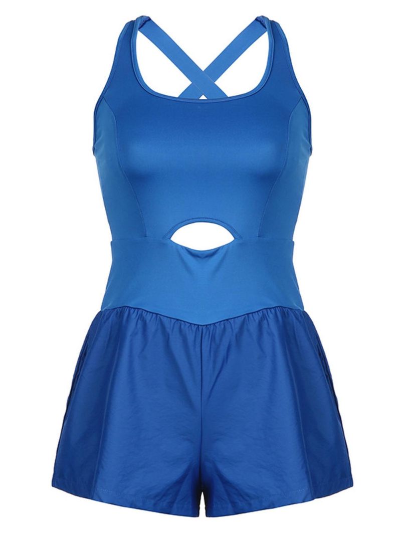 Tweedelige Illusion U-hals afslankende modieuze tanktop met aansluitende shorts, effen kleur, open rug, uitgeholde strakke romper voor dames_voghion.com