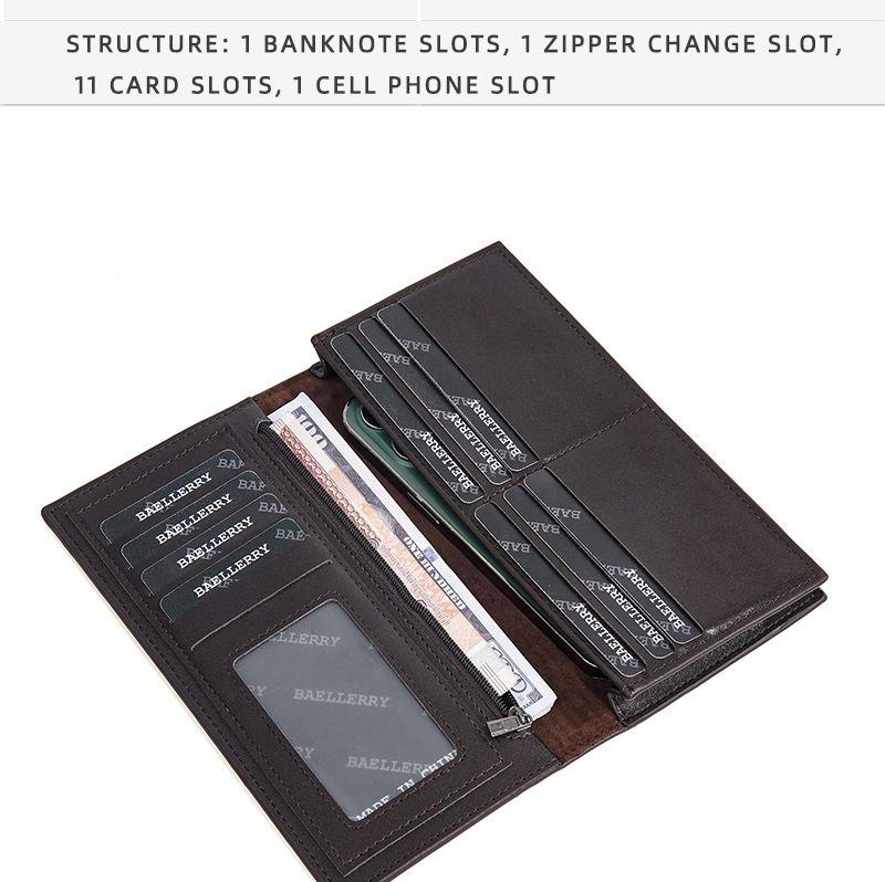 BAELLERRY Men's Ultra-thin Long Wallet With 11 Card Slots, An ID Window, And A Zippered Coin Pocket. Ideal For Both Business Attire And Everyday Use._voghion.com