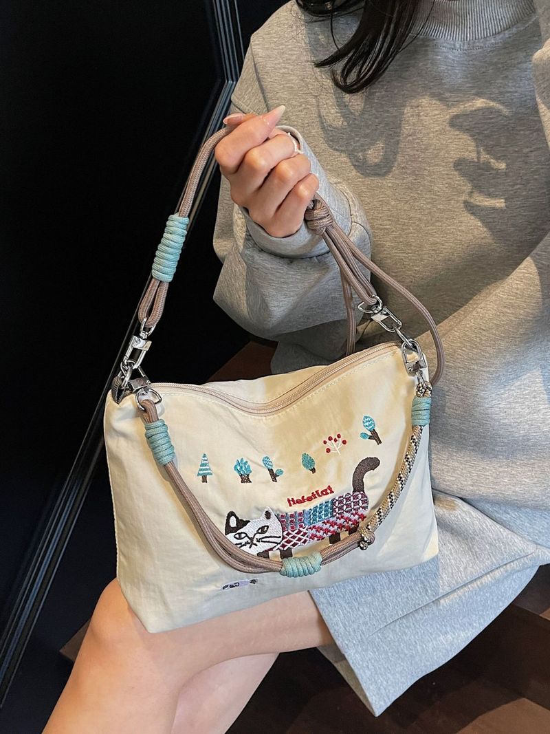 Heavy Embroidered Cat Nylon Tote For Women, Casual Outdoor Commuter Crossbody Bag, Versatile Shoulder Bag_voghion.com