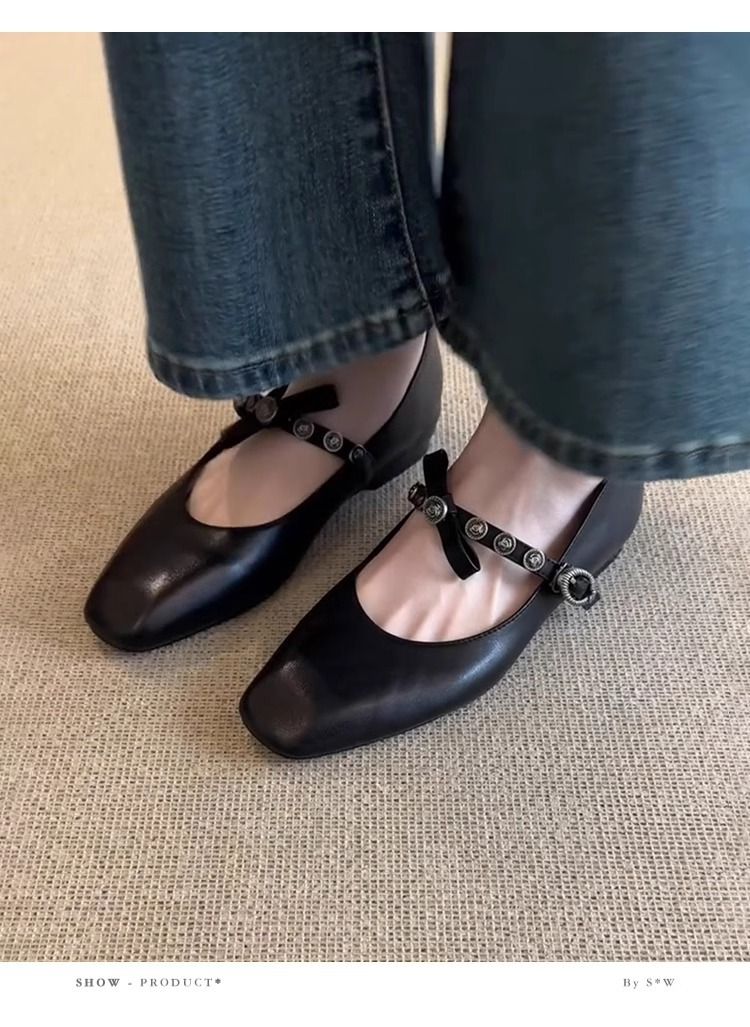 Sheepskin Version Single Shoes Women's Flat Leather Shoes Shallow Mouth Ballet Shoes Square Head Retro Mary Jane Shoes_voghion.com