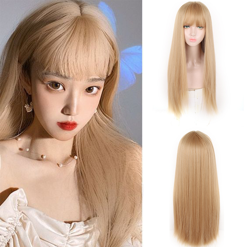 Synthetische Perücke für Damen, neues Produkt, langes glattes Haar, Farbe Sandgold_voghion.com