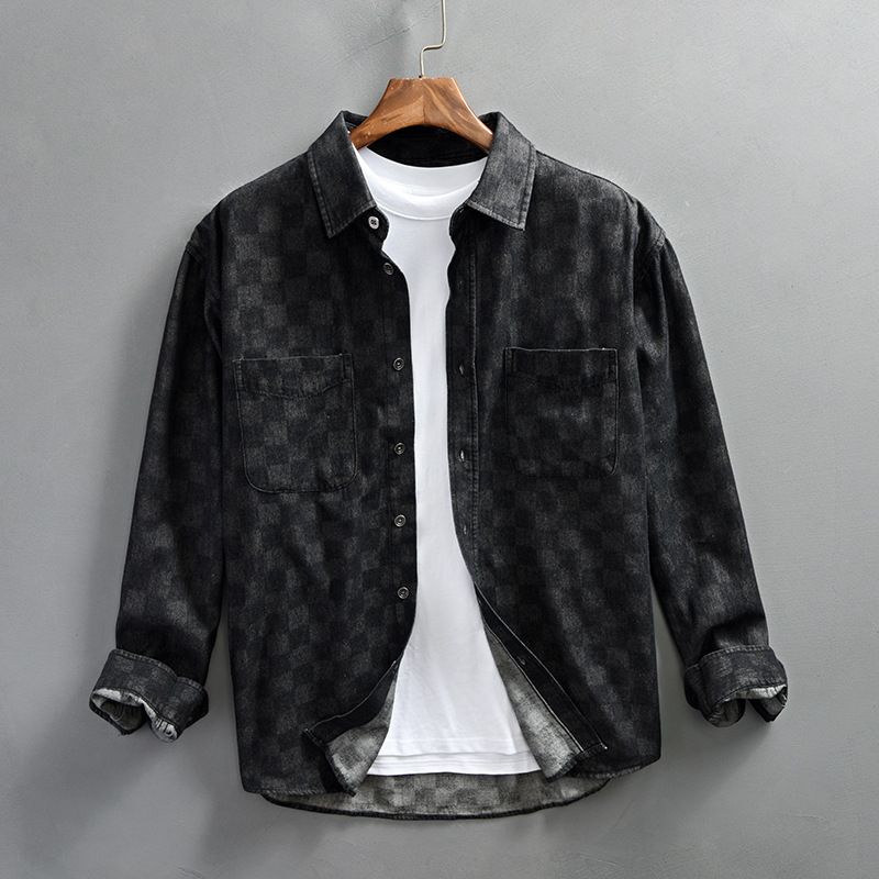 Camicia casual a maniche lunghe in denim a quadri da uomo_voghion.com