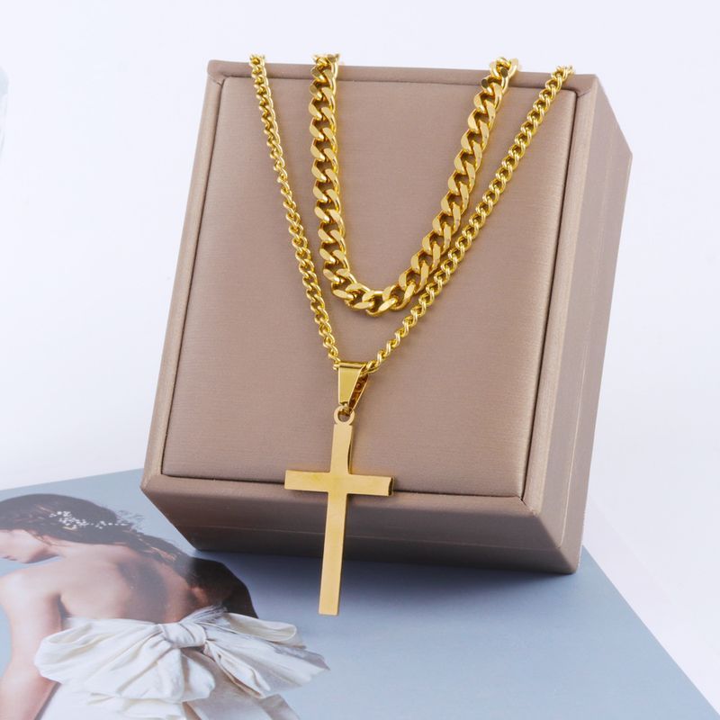 Hop Hip Stainless Steel Men's Twist Double Layer Cuban Chain Cross Non-Fading Necklace For Men_voghion.com