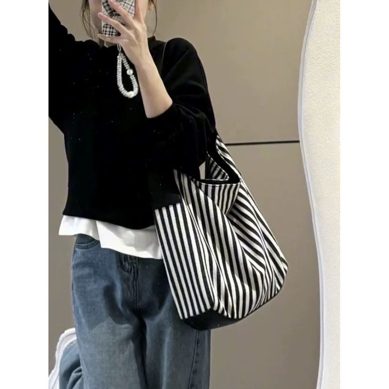 Borsa a tracolla grande capacità 2025, nuova borsa versatile in tela a righe, casual, da donna, da portare sottobraccio_voghion.com